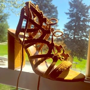 Mustard yellow heeled sandals